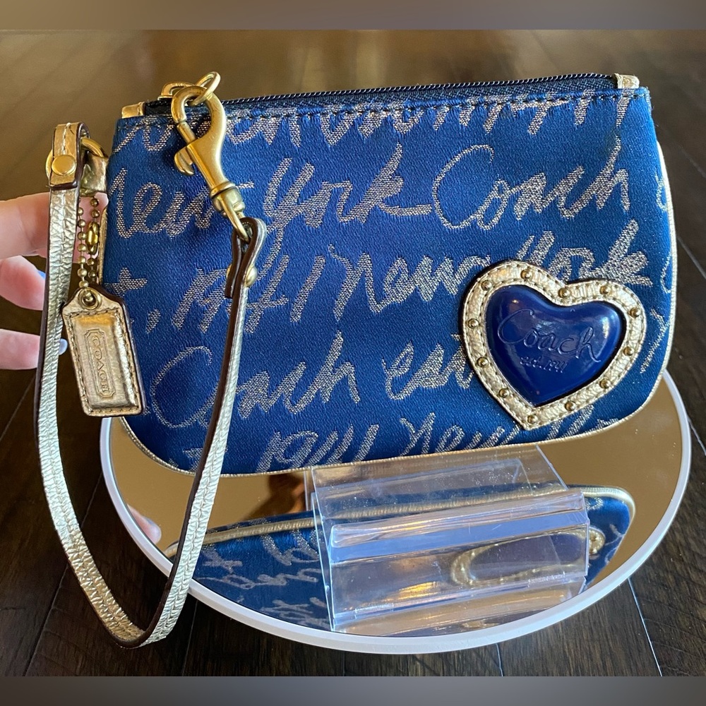COACH New York Blue Metallic Wristlet Wallet Gold Script Embossed Heart